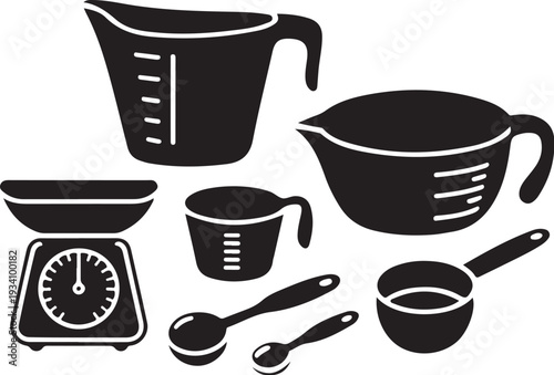 Black and white kitchen measuring cups and spoons scale