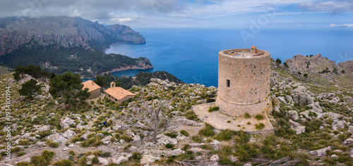 Can Palou tower and La Costera coast, (Sa Mola de Tuent tower), Escorca, Natural area of the Serra de Tramuntana., Majorca, Balearic Islands, Spain