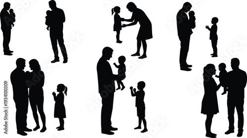 Silhouettes of parents and children, emotional family moments, father and mother with kids, childhood care, parenting love vector illustrationSilhouettes of parents and children