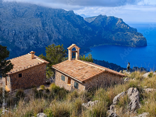 Can Palou tower hermitage and La Costera coast, (sa Mola de Tuent tower), Escorca, Natural area of the Serra de Tramuntana., Majorca, Balearic Islands, Spain