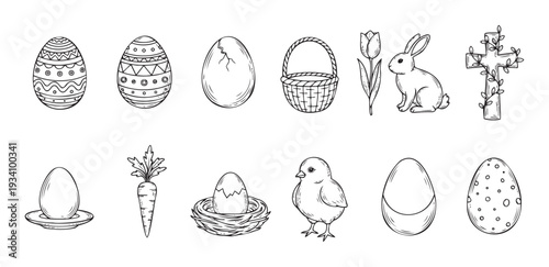 A collection of handdrawn Easter holiday symbols and spring motifs perfect for festive greeting cards, decorations, educational materials, and childrens activity books
