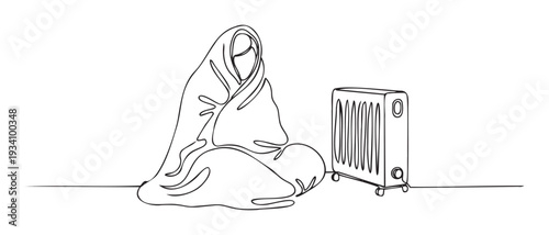 Continuous line drawing of a person huddled in a blanket next to a radiator, symbolizing the struggle to stay warm, perfect for conveying themes of cold weather, comfort, or heating issues