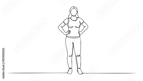 Elegant unbroken line depiction of a standing woman with hands on hips conveying confidence and strength, perfect for modern visual projects and empowerment campaigns