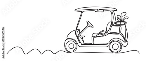 Continuous line drawing of a golf cart with clubs on a wavy path, perfect for sports club branding, event invitations, or golfing activity promotions.