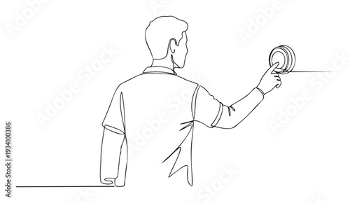 Continuous line drawing of a man seen from behind pushing a round button on a wall, useful for visual storytelling about interaction, control, or decisionmaking in various applications