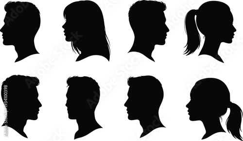 Silhouettes of male and female heads in profile, diverse hairstyles, side view portraits, vector collection, gender identity, face outlines, black shapesSilhouettes of male and female heads in profile