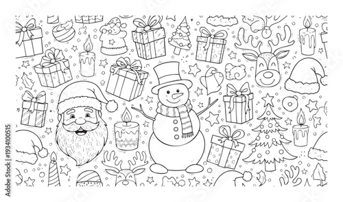 Festive winter holiday season coloring page showcasing Santa Claus, a cheerful snowman, reindeer, Christmas trees, gift boxes, candles, and stars for childrens activities and seasonal