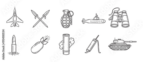 Collection of essential military vehicles, weapons, and combat gear presented as simple line art for defenserelated graphic resources and educational content