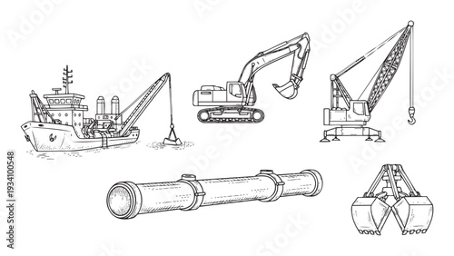 Detailed collection of dredging and construction machinery including a ship, excavator, crane, pipeline, and grapple for engineering projects and industrial graphics