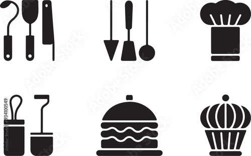 Black and white kitchen utensils and food cooking tools