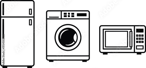 Black and white icons of refrigerator washing machine and microwave