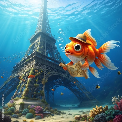 A cartoon goldfish wearing a hat swims near the Eiffel Tower underwater