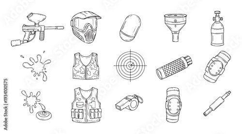 Paintball game equipment and accessories collection featuring a marker, mask, tank, vest, and target, ideal for sports event promotions, game enthusiast content, and activity guides.