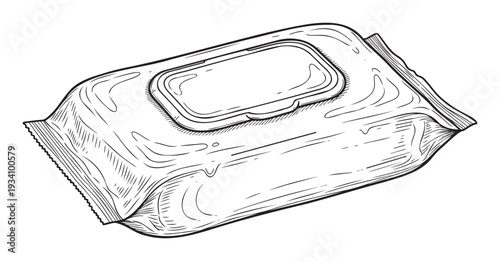 Detailed outline drawing of a flexible package of wet wipes with a fliptop dispenser, suitable for personal hygiene product illustrations, educational content, or health and wellness
