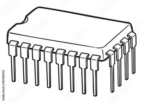 This detailed line drawing of a dual inline package integrated circuit is ideal for technical diagrams, educational materials, and presentations on electronics and computer hardware