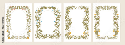 Vintage Art Nouveau poster. Floral frame. Border botanic, label design. Elegant ornament pattern. Swirling leaf flowers, vine borders set. Vector pastel retro garish certificate isolated illustration