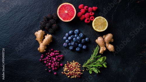 plantbased. Vibrant circle of six colorful superfoods glowing with natural energy on dark background. menu design, packaging mockups, designed for culinary blogs and recipe cards for restaurants.