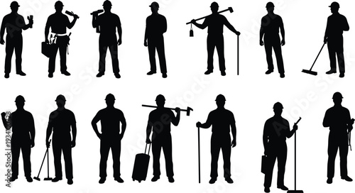 Silhouettes of male construction workers with tools and equipment, hard hats, industrial labor, maintenance, building site, worker safety vector icons