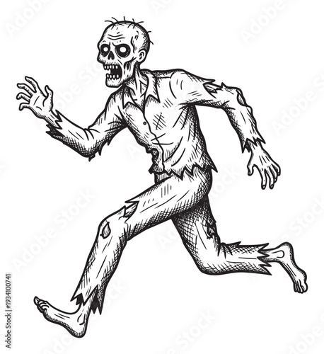 Creepy undead zombie monster running with tattered clothes and menacing expression, perfect for horror themed events, spooky media projects, or Halloween season celebrations.