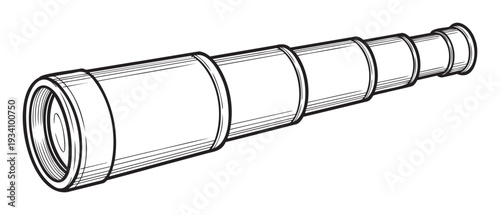 A detailed black outline illustration of a classic extendable brass telescope perfect for historical navigation themes and educational materials or pirate adventure stories