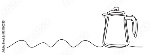 Minimalist continuous line drawing of a stylish coffee pot or kettle, perfect for modern kitchen decor, cafe menus, or elegant branding for beverage products.