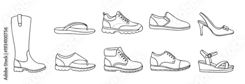 Variety of outlined footwear designs featuring boots, flipflops, athletic shoes, loafers, and dress heels, ideal for fashionrelated graphics, web illustrations, or print advertisements.
