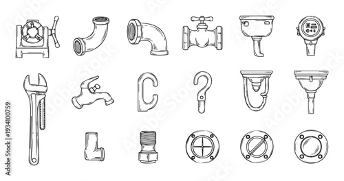 Comprehensive collection of handdrawn plumbing tools and industrial pipe fittings in a black and white sketch style, ideal for technical manuals and workshop related projects