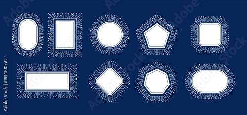 GPU processor chip. Laptop NPU. Digital AI circuit. Computer data hardware. Tech microchip motherboard. Logo semiconductor. CPU core. Cybersecurity frame or border. Vector network garish transistor