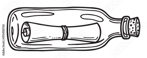 Hand drawn illustration of a message in a glass bottle with a cork stopper containing a rolled paper scroll, ideal for communicating secrets, wishes, or forgotten memories.