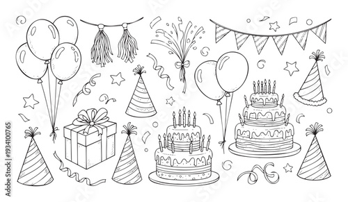 Festive birthday celebration line art graphic collection featuring balloons, cakes, party hats, and wrapped gifts, ideal for invitations, decorations, or childrens activity books.