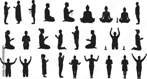 Silhouettes of people praying, meditating, and worshipping, spiritual poses collection, yoga meditation practice, religious devotion, mindfulness, peaceful lifestyle illustration