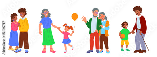 Old family couple. Elderly love. Grandmother and grandfather with children. Happy senior man, happy woman. Cartoon grandparents relationships. Kin together. Vector tidy illustration isolated set