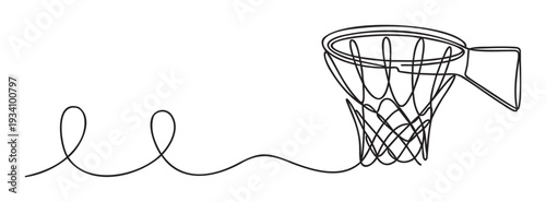 Minimalist continuous line drawing of a basketball hoop and net, representing dynamic motion and athleticism, perfect for sportsthemed graphics and active lifestyle campaigns