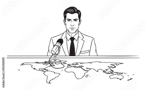 Professional male news anchor delivers global news report from television studio desk featuring world map for broadcasting communication and current events analysis