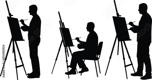 Silhouettes of male artist painting on easel, standing and sitting poses, drawing with brush, creative studio concept, vector illustration