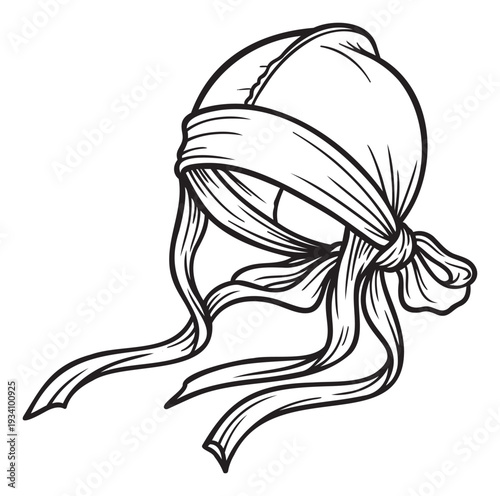 Stylish line art drawing of a classic durag headwrap, featuring intricate fabric folds and a neatly tied knot, ideal for fashionrelated graphics or apparel brand promotions