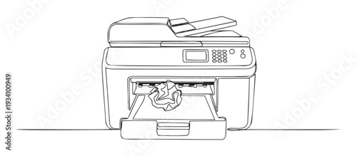 Continuous line drawing depicting a multifunctional office printer experiencing a frustrating paper jam, ideal for illustrating common workplace technical issues and maintenance needs.