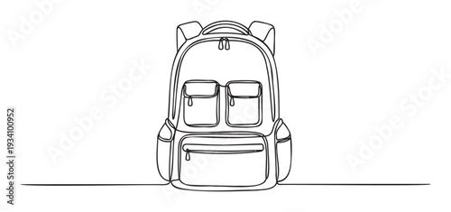 A modern continuous line drawing depicting a practical backpack with front and side pockets, useful for schoolrelated promotions, outdoor adventure marketing, and minimalistic graphic