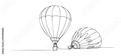 Single continuous line drawing of two hot air balloons, one inflated and standing, the other deflated on the ground, perfect for travel promotions or adventure themed presentations.