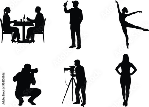 Silhouettes of people dining, drinking, dancing, photographing, modeling, lifestyle vector set, artistic poses, black silhouettes, human activity collection, creativity scene