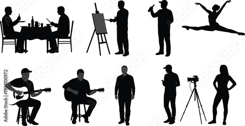Silhouettes of people dining, painting, drinking, dancing, playing guitar, photographing, modeling, using phone, lifestyle vector set, artistic human poses