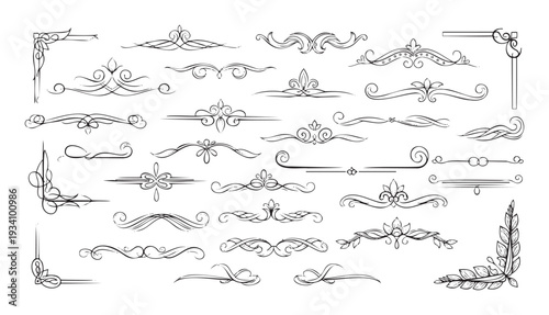Elegant collection of handdrawn vintage decorative dividers, ornamental borders, and flourishes perfect for wedding invitations, certificates, and refined stationery layouts.