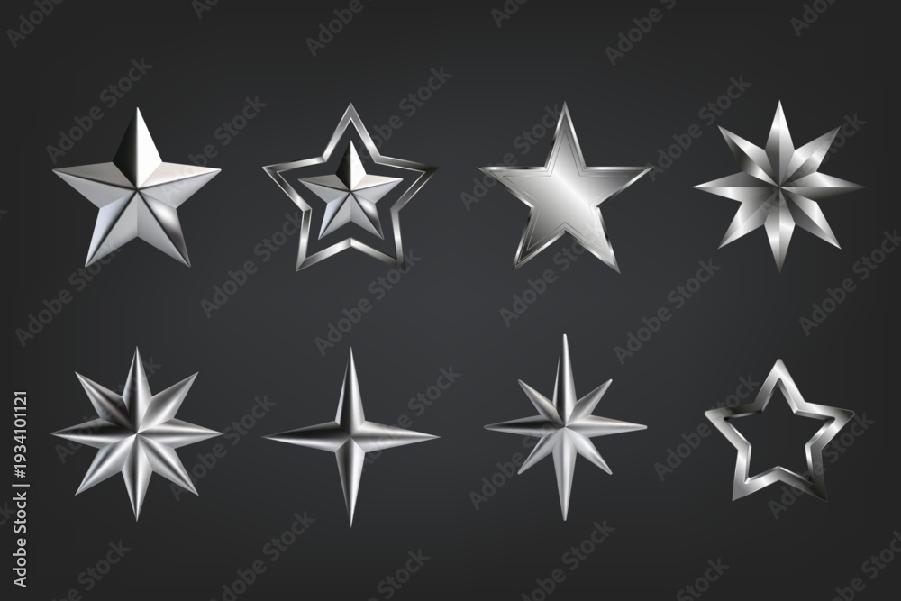Obraz premium Silver 3D star. Leadership award metal white golden. Steel celebration decoration, shiny event sign. Realistic decorative shape icon. Element design. Winner rating quality. Vector symbol isolated set