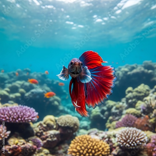 A vibrant red and blue betta fish swims near a coral reef