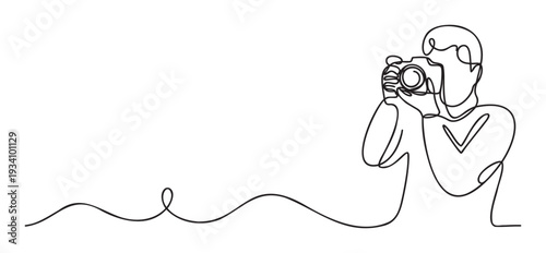 Dynamic continuous line drawing illustrating a photographer taking a picture, suitable for various digital media, social content, and professional graphic presentations for photography