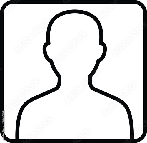 Black and white minimalist line art of a human user profile icon featuring a head and shoulders silhouette inside a rounded square frame (24 words)