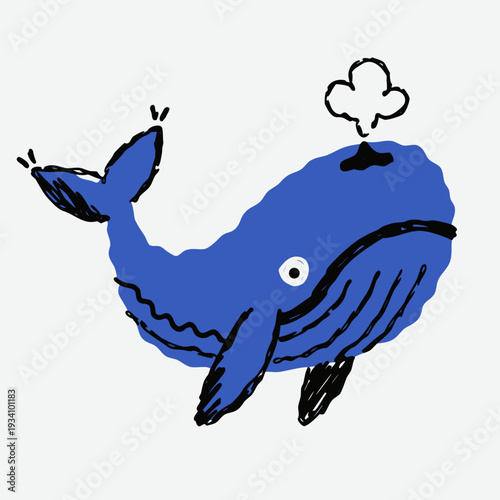 Cute Blue Whale Steaming Cloud Doodle Vector Illustration, Cartoon Ocean Animal Sketch
