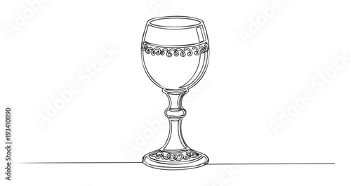Elegant continuous line drawing of a sophisticated ornate wine glass with scrollwork accents, perfect for luxury event invitations, beverage menus, or refined decor branding projects.