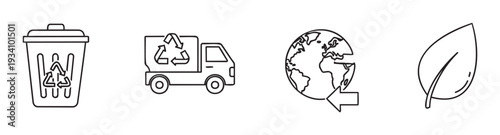 Ecology and recycling themed outline icons featuring waste management, green transport, global conservation, and natural elements for environmental campaigns