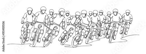 Group of professional cyclists riding bicycles in a race with a dynamic continuous line drawing style perfect for sports advertisements and healthy living promotions